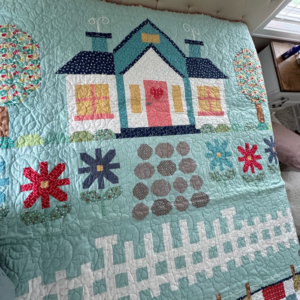Homemade Aqua Blue Quilted Folk Art Quilt with Geometric Patterns - Picture 5 of 10